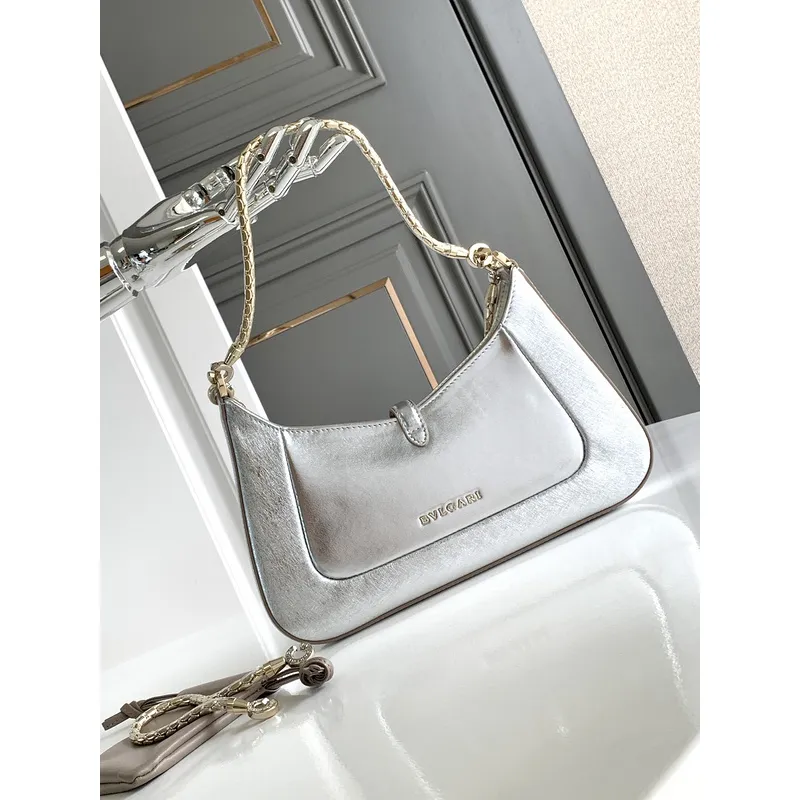 Bvlgari Serpenti Metallic Silver Handbag With Iconic Chain Strap #A51657