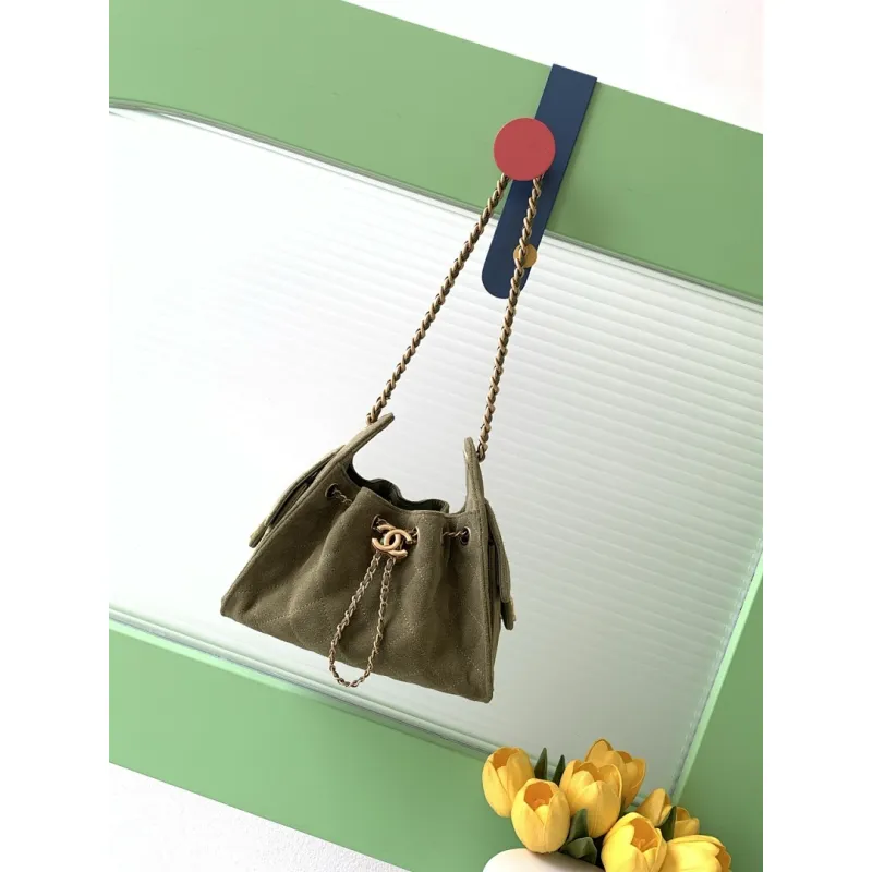 Chanel Hobo Shoulder Bag  Hippie Style Vintage Gold Coin Button Drawstring Bucket Bag #A59440