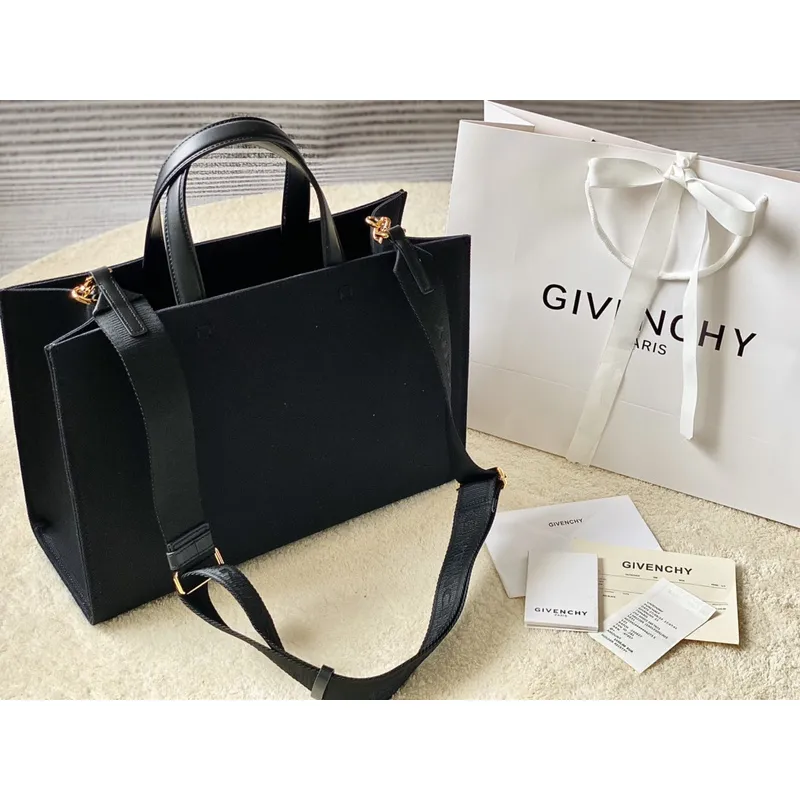 Givenchy Black Canvas Tote Bag With Branding And Gold Hardware #A52344