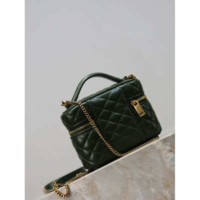 Saint Laurent 819285 GABY Mini Chain Cosmetic Bag - Dark Green Quilted Leather with Detachable Strap #A59505