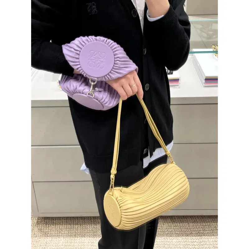 Loewe Womens Cylinder Shoulder Bag - Yellow Pleated Leather, Gold-Tone Hardware, Adjustable Strap, Stylish Barrel Bag with Anagram Logo #A56849
