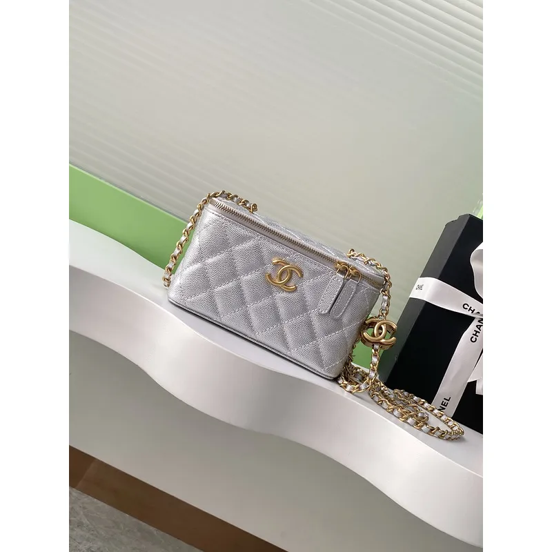 Chanel Quilted Caviar Leather Mini Vanity Bag With Gold Chain Strap And CC Logo size:9×17×8cm #A54385