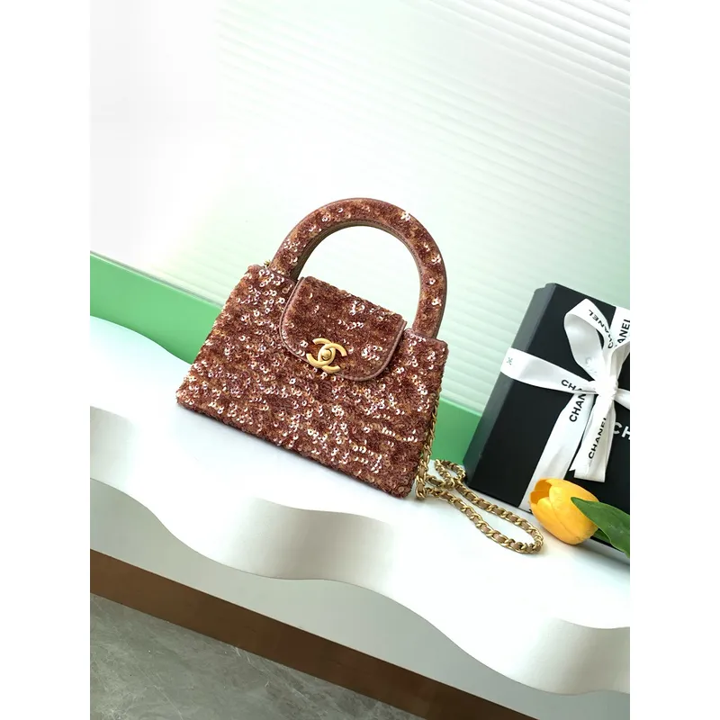 Chanel Sequined Top Handle Bags In Brown And Orange With Signature CC Logo size:13×19×7cm #A54383