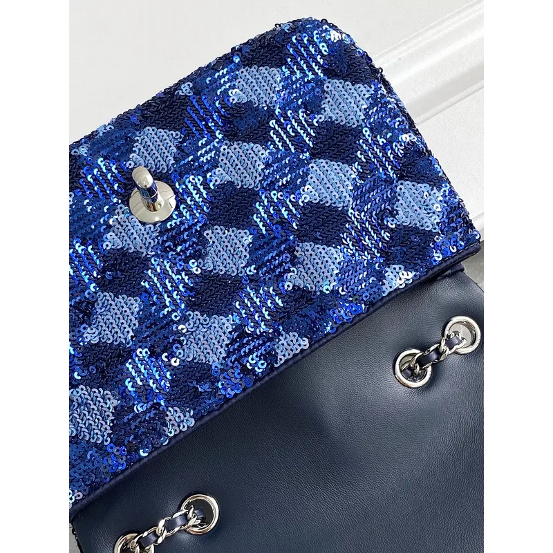 Chanel Blue Sequin - Embellished Flap Bag With Signature CC Logo size:14×21×8cm #A53500 Chanel Blue Sequin - Embellished Flap Bag With Signature CC Logo size:14×21×8cm #A53500