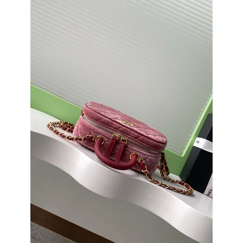 Chanel Burgundy Quilted Velvet Handbag With Top Handle And Gold Chain Strap size:11×20×8cm #A54387