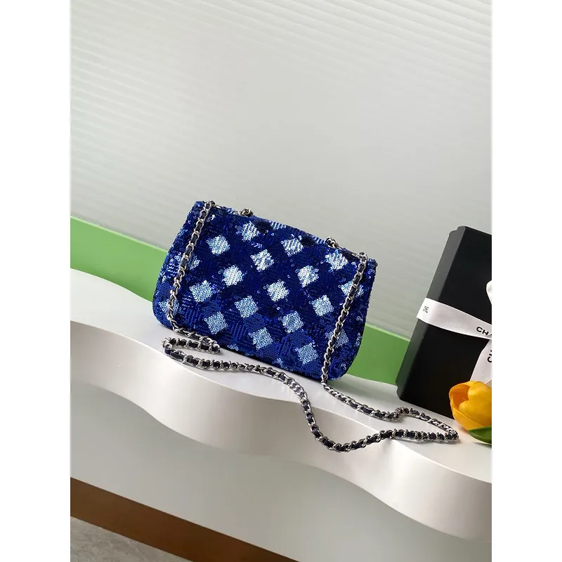 Chanel Blue Sequin - Embellished Flap Bag With Signature CC Logo size:14×21×8cm #A53500 Chanel Blue Sequin - Embellished Flap Bag With Signature CC Logo size:14×21×8cm #A53500