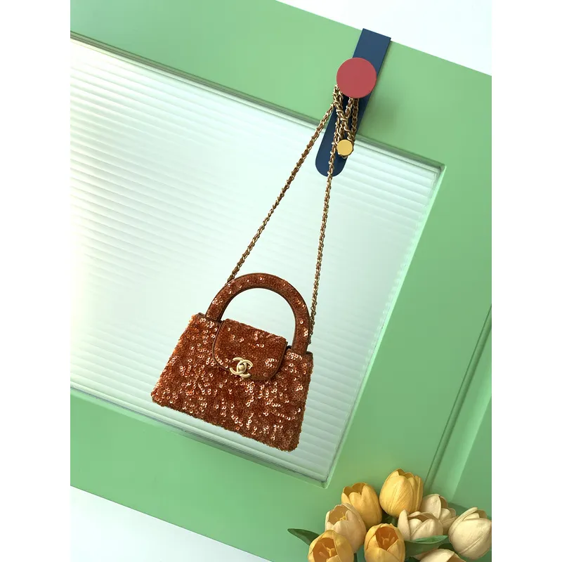 Chanel Sequined Top Handle Bags In Brown And Orange With Signature CC Logo size:13×19×7cm #A54383