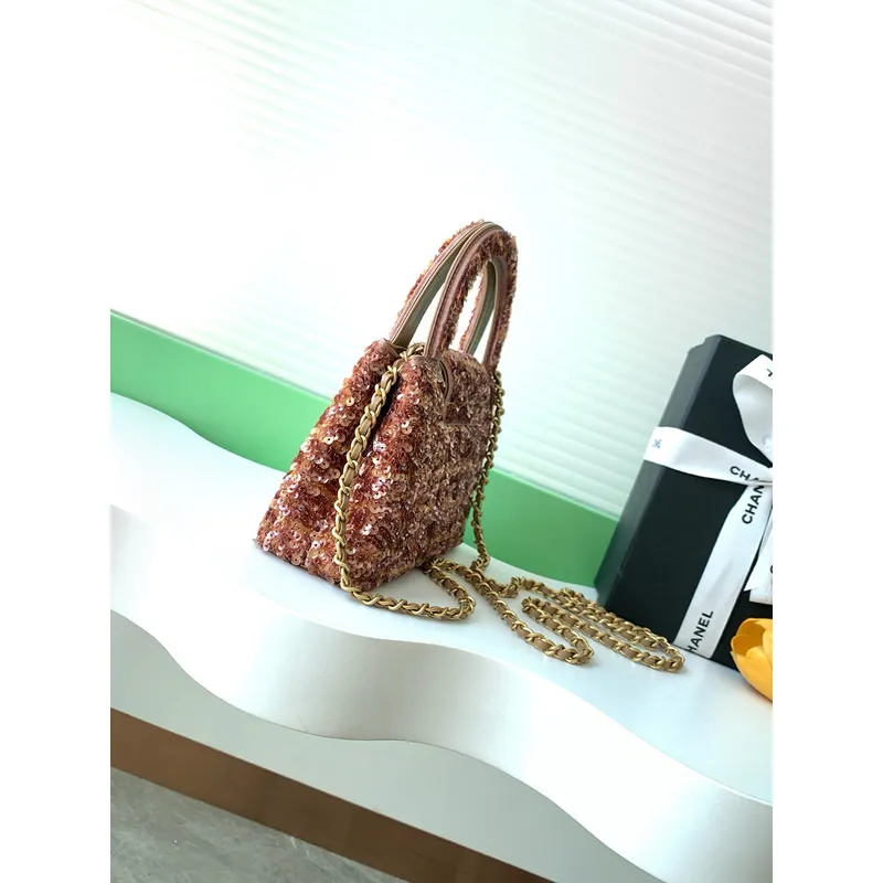 Chanel Sequined Top Handle Bags In Brown And Orange With Signature CC Logo size:13×19×7cm #A54383