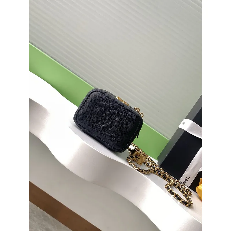 Chanel Quilted Caviar Leather Mini Vanity Bag With Gold Chain Strap And CC Logo size:11×8×7cm #A54384