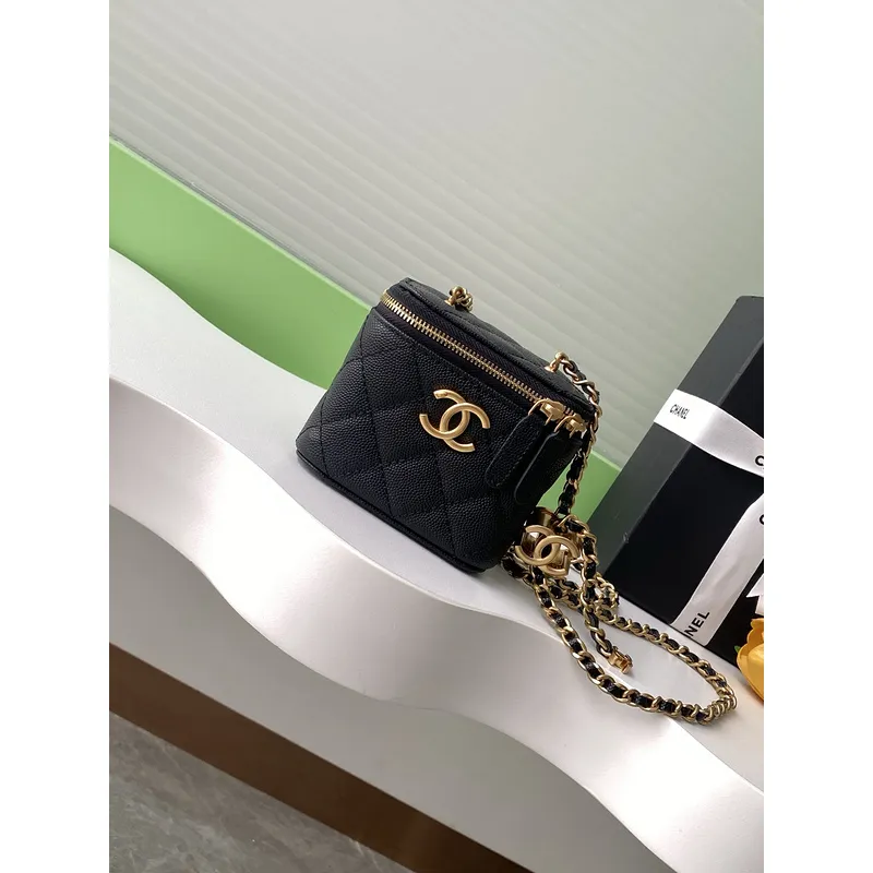 Chanel Quilted Caviar Leather Mini Vanity Bag With Gold Chain Strap And CC Logo size:11×8×7cm #A54384