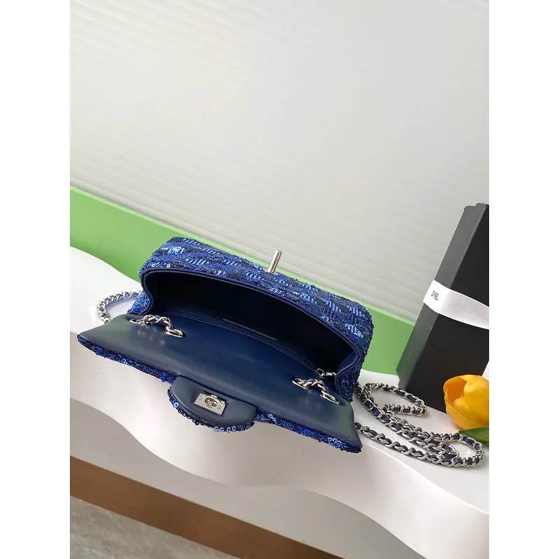 Chanel Blue Sequin - Embellished Flap Bag With Signature CC Logo size:14×21×8cm #A53500 Chanel Blue Sequin - Embellished Flap Bag With Signature CC Logo size:14×21×8cm #A53500