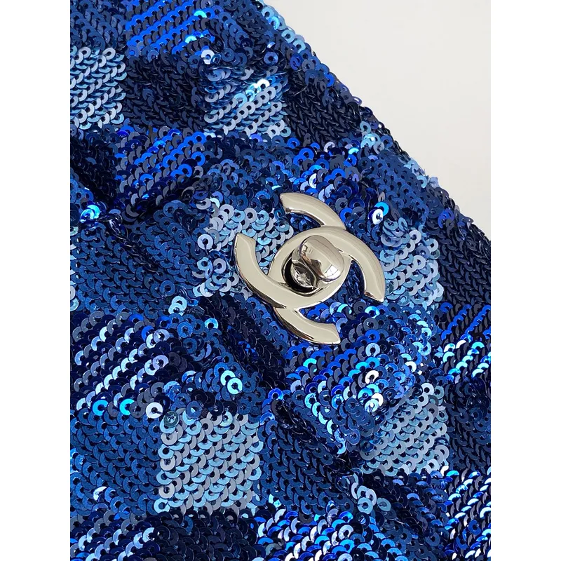 Chanel Blue Sequin - Embellished Flap Bag With Signature CC Logo size:14×21×8cm #A53500 Chanel Blue Sequin - Embellished Flap Bag With Signature CC Logo size:14×21×8cm #A53500