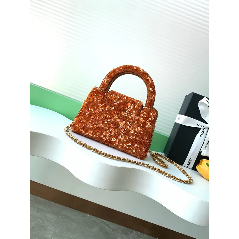 Chanel Sequined Top Handle Bags In Brown And Orange With Signature CC Logo size:13×19×7cm #A54383