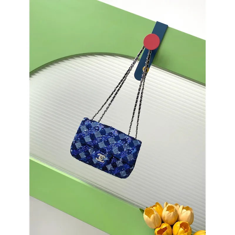 Chanel Blue Sequin - Embellished Flap Bag With Signature CC Logo size:14×21×8cm #A53500 Chanel Blue Sequin - Embellished Flap Bag With Signature CC Logo size:14×21×8cm #A53500
