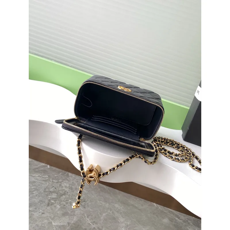 Chanel Quilted Caviar Leather Mini Vanity Bag With Gold Chain Strap And CC Logo size:9×17×8cm #A54385