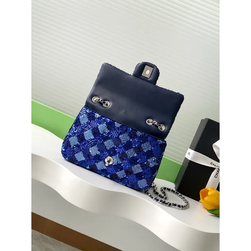 Chanel Blue Sequin - Embellished Flap Bag With Signature CC Logo size:14×21×8cm #A53500 Chanel Blue Sequin - Embellished Flap Bag With Signature CC Logo size:14×21×8cm #A53500