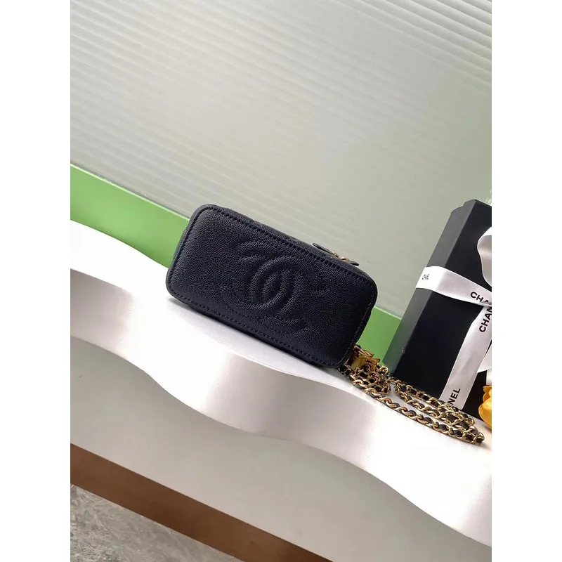 Chanel Quilted Caviar Leather Mini Vanity Bag With Gold Chain Strap And CC Logo size:9×17×8cm #A54385