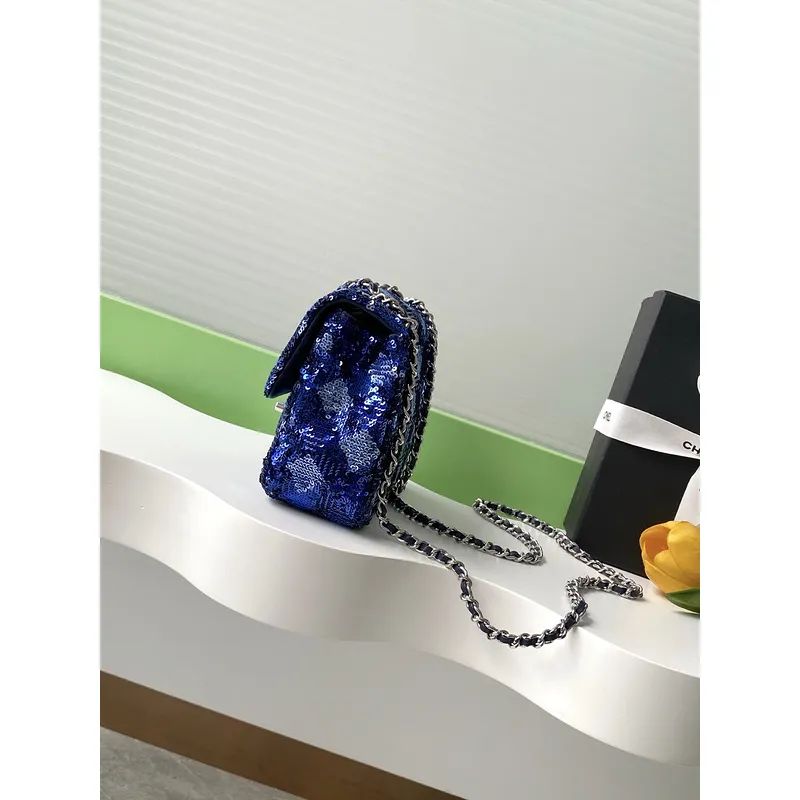 Chanel Blue Sequin - Embellished Flap Bag With Signature CC Logo size:14×21×8cm #A53500 Chanel Blue Sequin - Embellished Flap Bag With Signature CC Logo size:14×21×8cm #A53500