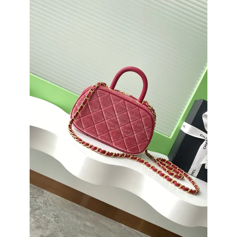 Chanel Burgundy Quilted Velvet Handbag With Top Handle And Gold Chain Strap size:11×20×8cm #A54387