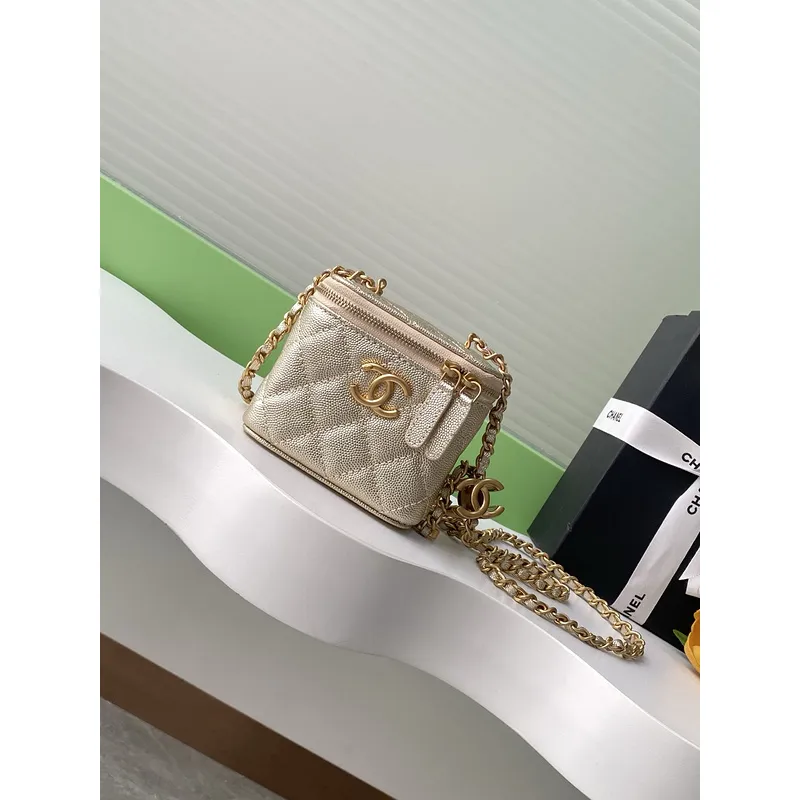 Chanel Quilted Caviar Leather Mini Vanity Bag With Gold Chain Strap And CC Logo size:11×8×7cm #A54384