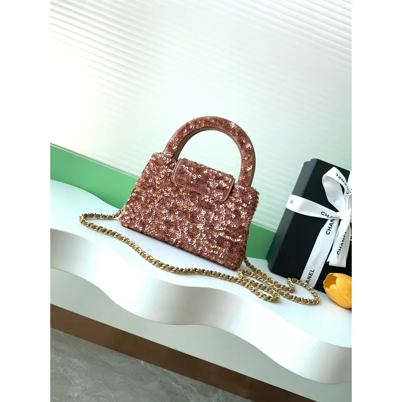 Chanel Sequined Top Handle Bags In Brown And Orange With Signature CC Logo size:13×19×7cm #A54383