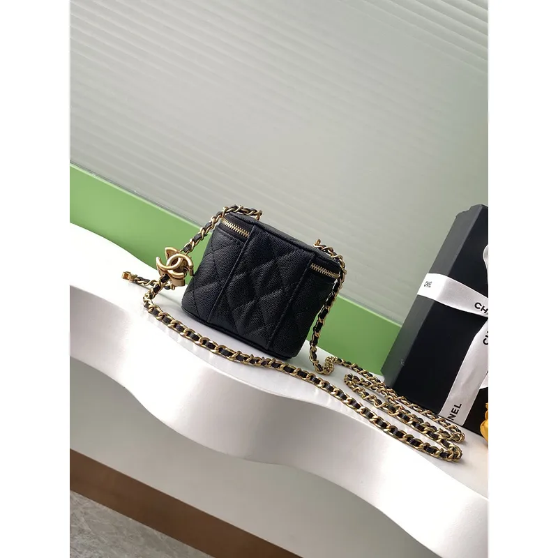 Chanel Quilted Caviar Leather Mini Vanity Bag With Gold Chain Strap And CC Logo size:11×8×7cm #A54384