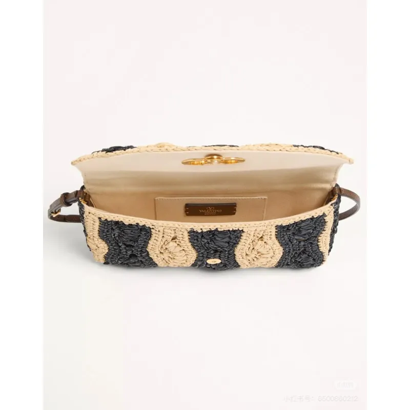 valentino 22116 Garavani Devain Black Beige Striped Raffia Shoulder Crossbody Handbag #A65998 valentino 22116 Garavani Devain Black Beige Striped Raffia Shoulder Crossbody Handbag #A65998