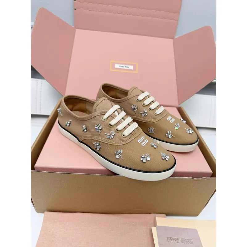 Miu Miu Womens Rhinestone Embroidered Canvas Sneakers #A66082
