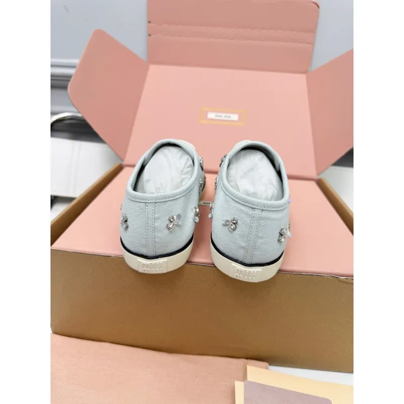 Miu Miu Womens Rhinestone Embroidered Canvas Sneakers #A66083 Miu Miu Womens Rhinestone Embroidered Canvas Sneakers #A66083