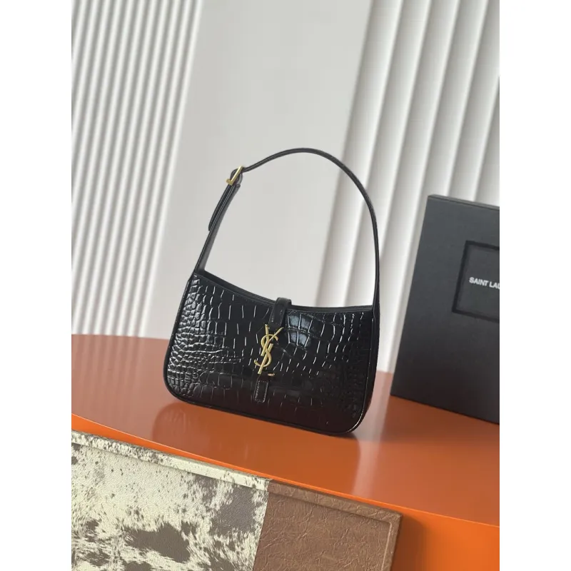 YSL Cléo 5 à 7 Glossy Croc Embossed Leather Underarm Bag Gold Logo Handbag #A65969
