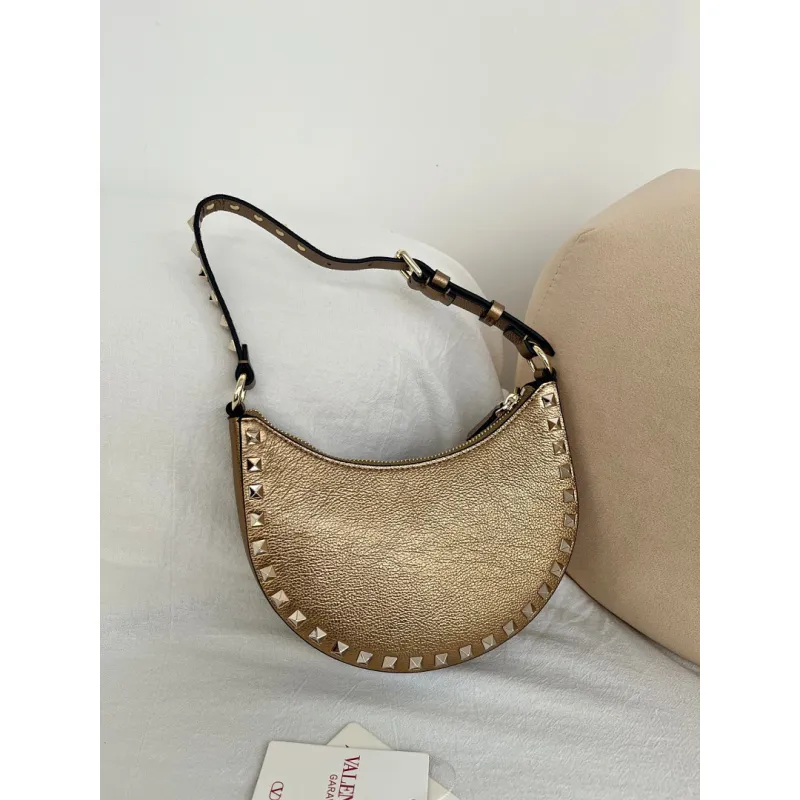 valentino Rockstud Grainy Leather Mini Hobo Shoulder Bag 20×12×4cm #A65018