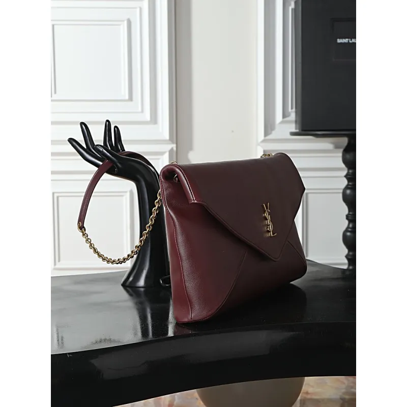 YSL 841702 LE Envelope Burgundy Lambskin Chain Shoulder Crossbody Evening Clutch Handbag #A65994