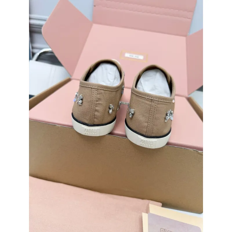 Miu Miu Womens Rhinestone Embroidered Canvas Sneakers #A66082