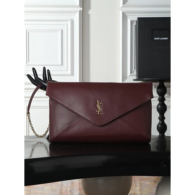 YSL 841702 LE Envelope Burgundy Lambskin Chain Shoulder Crossbody Evening Clutch Handbag #A65994