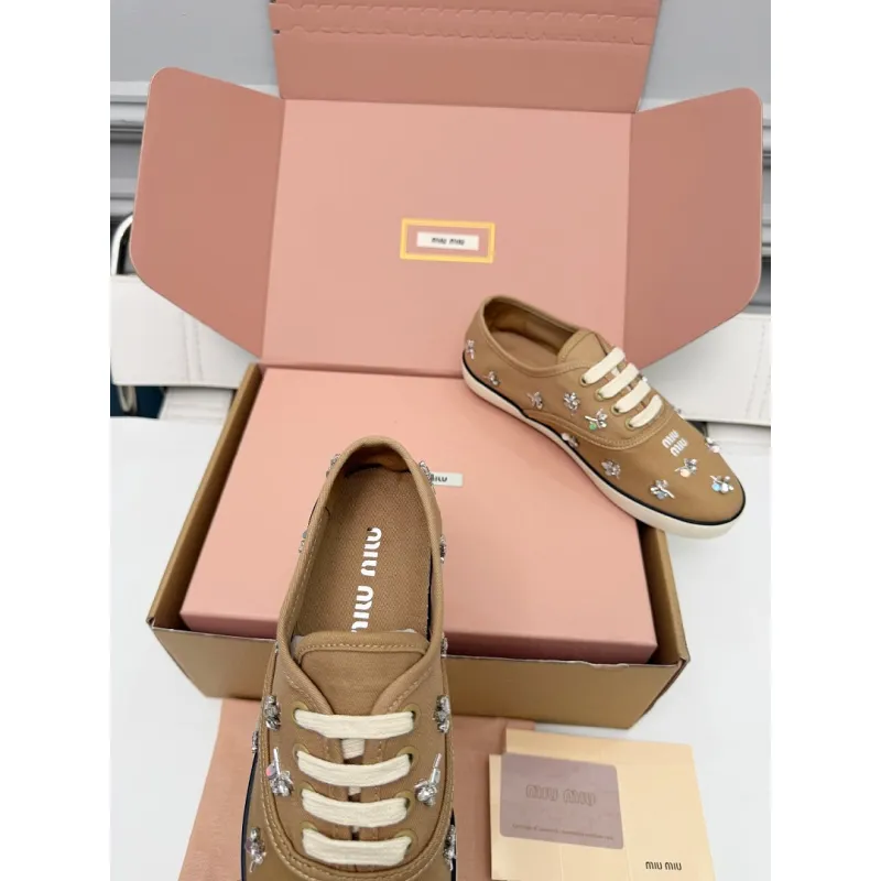 Miu Miu Womens Rhinestone Embroidered Canvas Sneakers #A66082