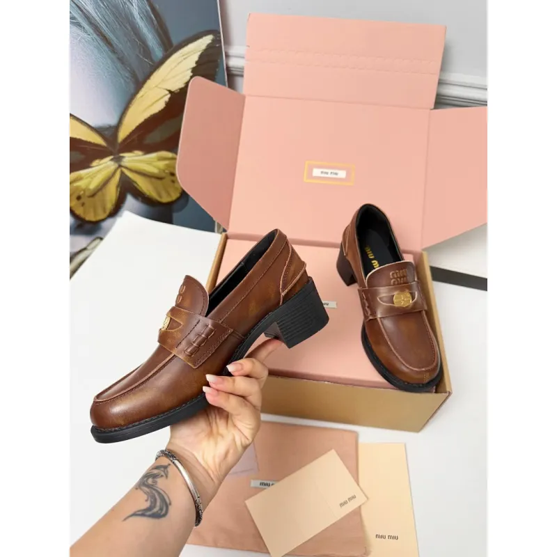 Miu Miu Womens Glossy Leather Chunky Heel Loafers #A66084