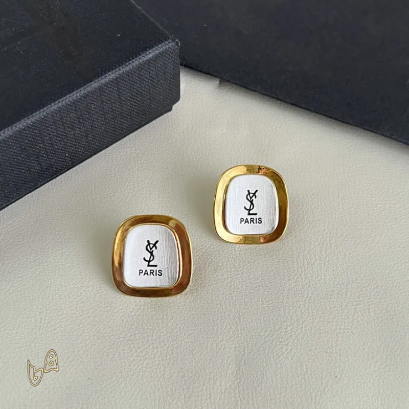 Saint Laurent White Mother Of Pearl Square Cassandre Logo Stud Earrings Gold Trim Designer Jewelry #A65954