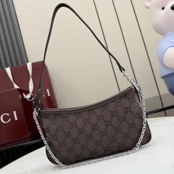Gucci 875847 Vintage GG Supreme Brown Canvas Silver Chain Underarm Shoulder Handbag #A66008