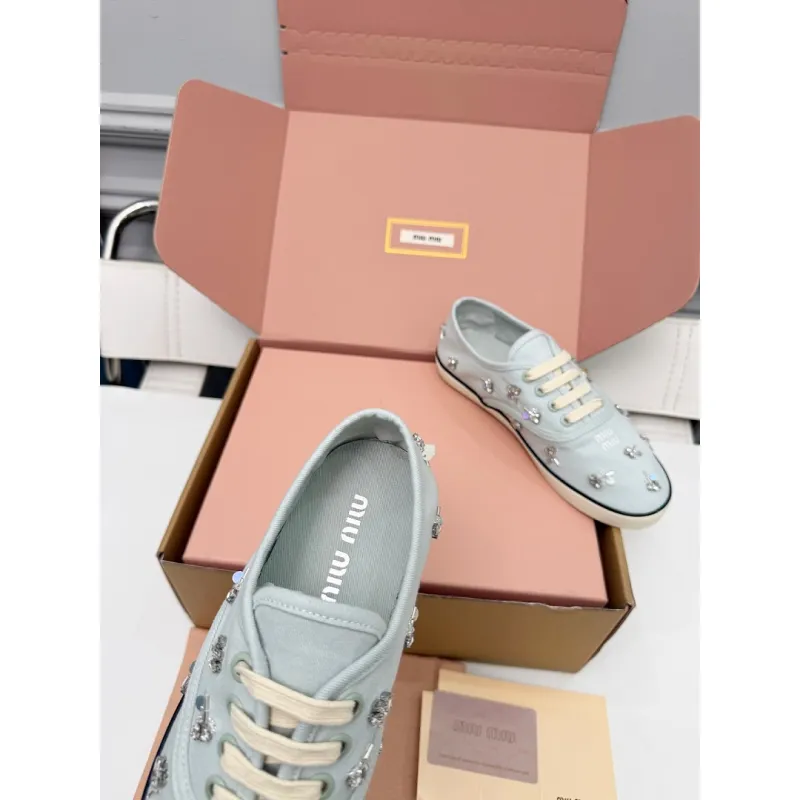 Miu Miu Womens Rhinestone Embroidered Canvas Sneakers #A66083 Miu Miu Womens Rhinestone Embroidered Canvas Sneakers #A66083