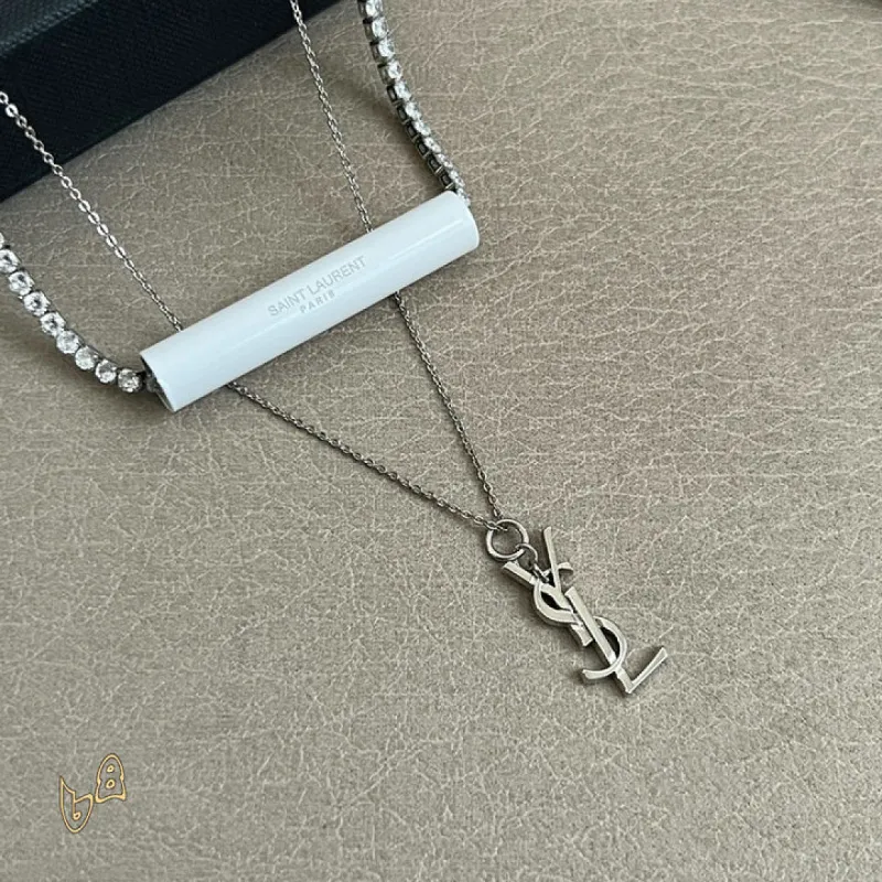 Saint Laurent Cassandre Logo Double Layer Pendant Necklace Gold Silver Designer Women Jewelry #A65951