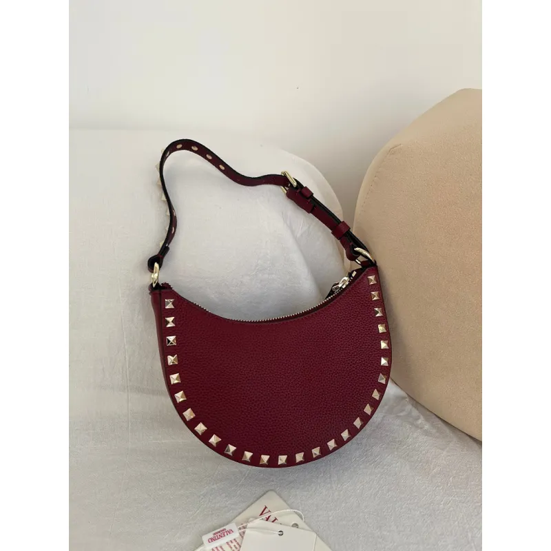 valentino Rockstud Grainy Leather Mini Hobo Shoulder Bag 20×12×4cm #A65018