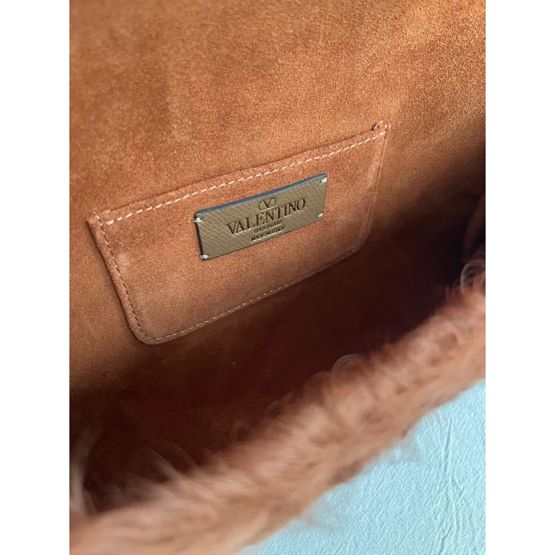 valentino 22117 26SS Faux Fur Crystal Embellished V Logo Underarm Shoulder Handbag #A65997