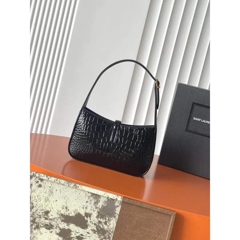 YSL Cléo 5 à 7 Glossy Croc Embossed Leather Underarm Bag Gold Logo Handbag #A65969