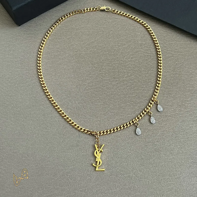 Saint Laurent Cassandre Logo Double Layer Pendant Necklace Gold Silver Designer Women Jewelry #A65951