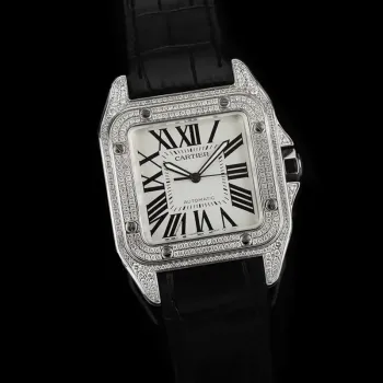 Cartier Santos Diamond Automatic Black Leather Watch 41mm #A65833