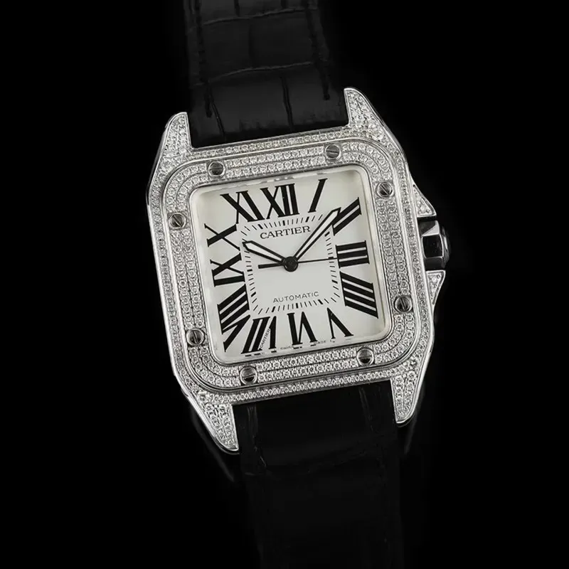 Cartier Santos Diamond Automatic Black Leather Watch 41mm #A65833