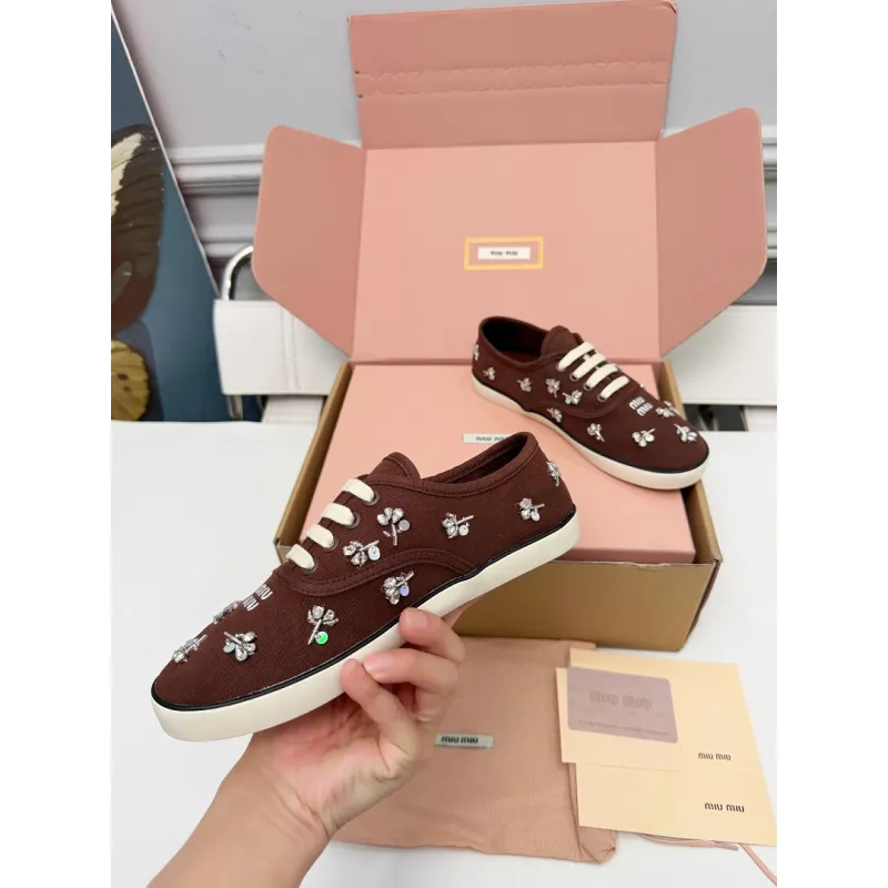 Miu Miu Womens Rhinestone Embroidered Canvas Sneakers #A66081