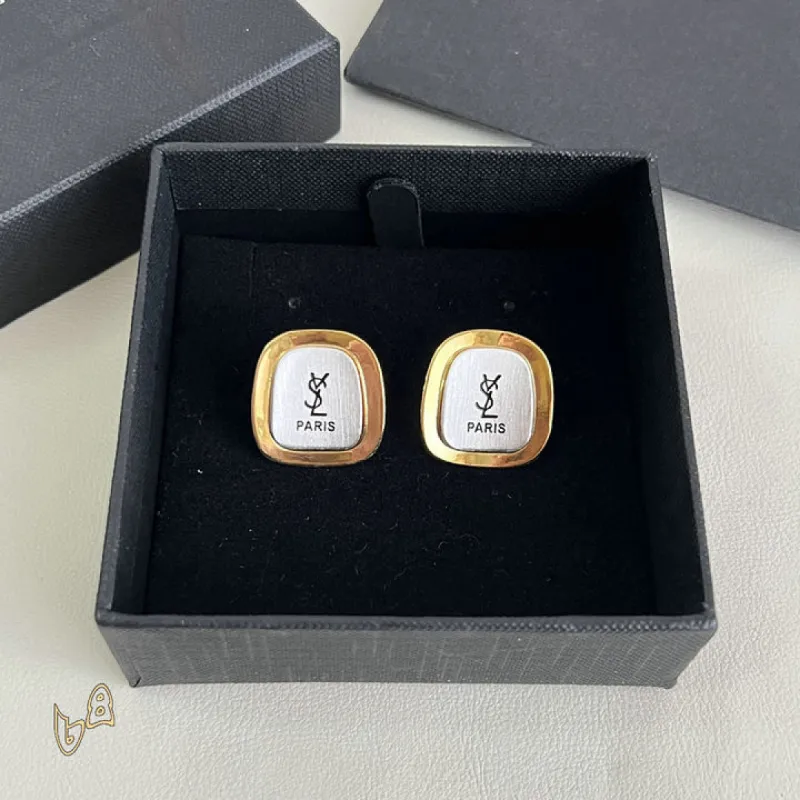 Saint Laurent White Mother Of Pearl Square Cassandre Logo Stud Earrings Gold Trim Designer Jewelry #A65954