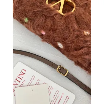 valentino 22117 26SS Faux Fur Crystal Embellished V Logo Underarm Shoulder Handbag #A65997
