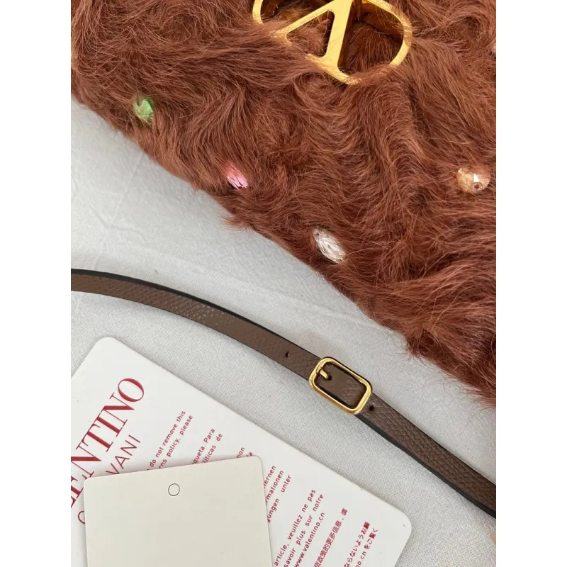 valentino 22117 26SS Faux Fur Crystal Embellished V Logo Underarm Shoulder Handbag #A65997